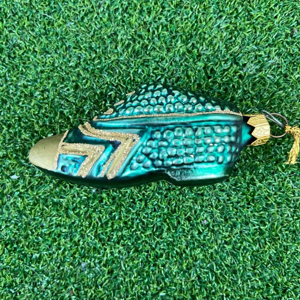Vintage Home for the Holidays Teal Gold Hand Blown Glass Boot Shoe Ornament